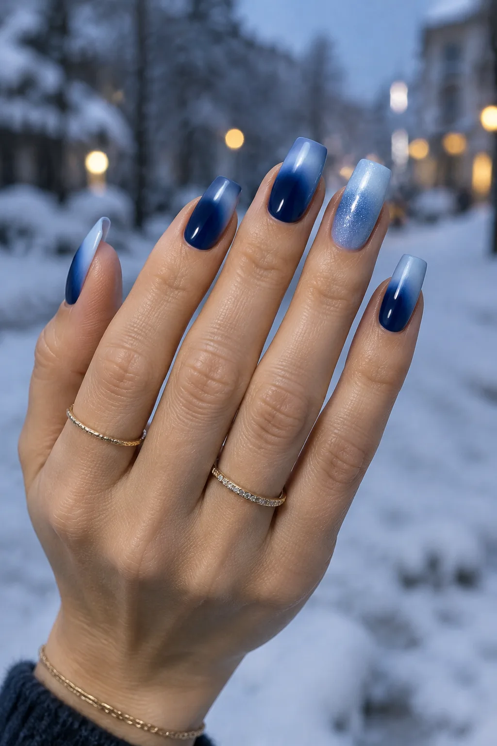 Long square nails fading from navy to ice blue for winter
