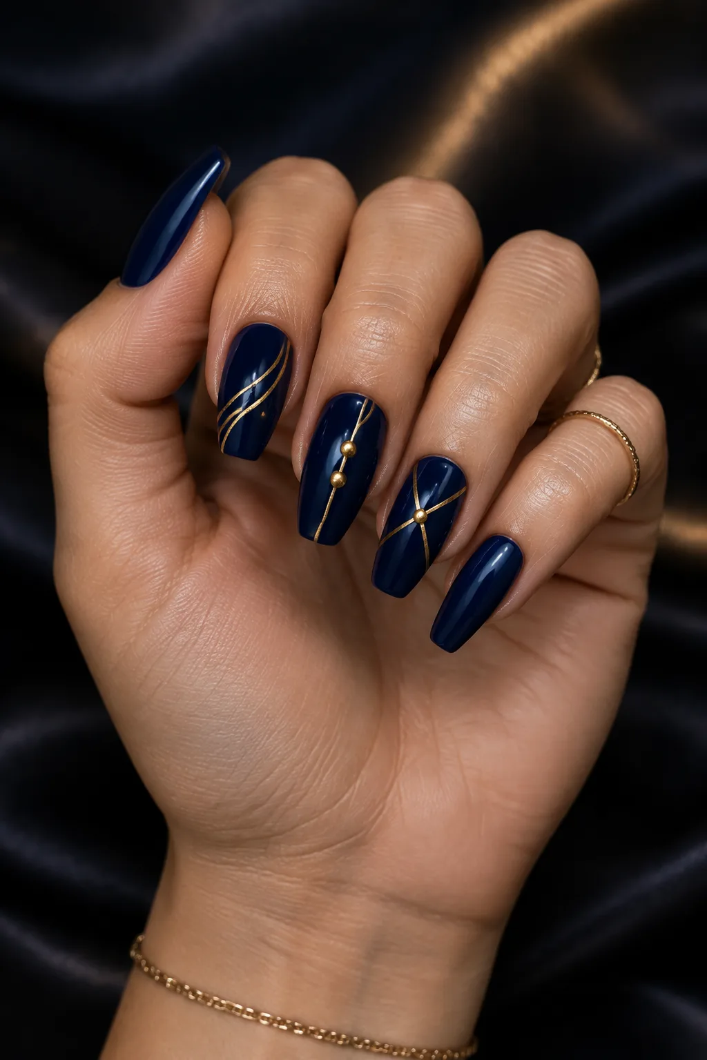 Navy lipstick shape nails with thin gold wire lines and chrome drops for winter