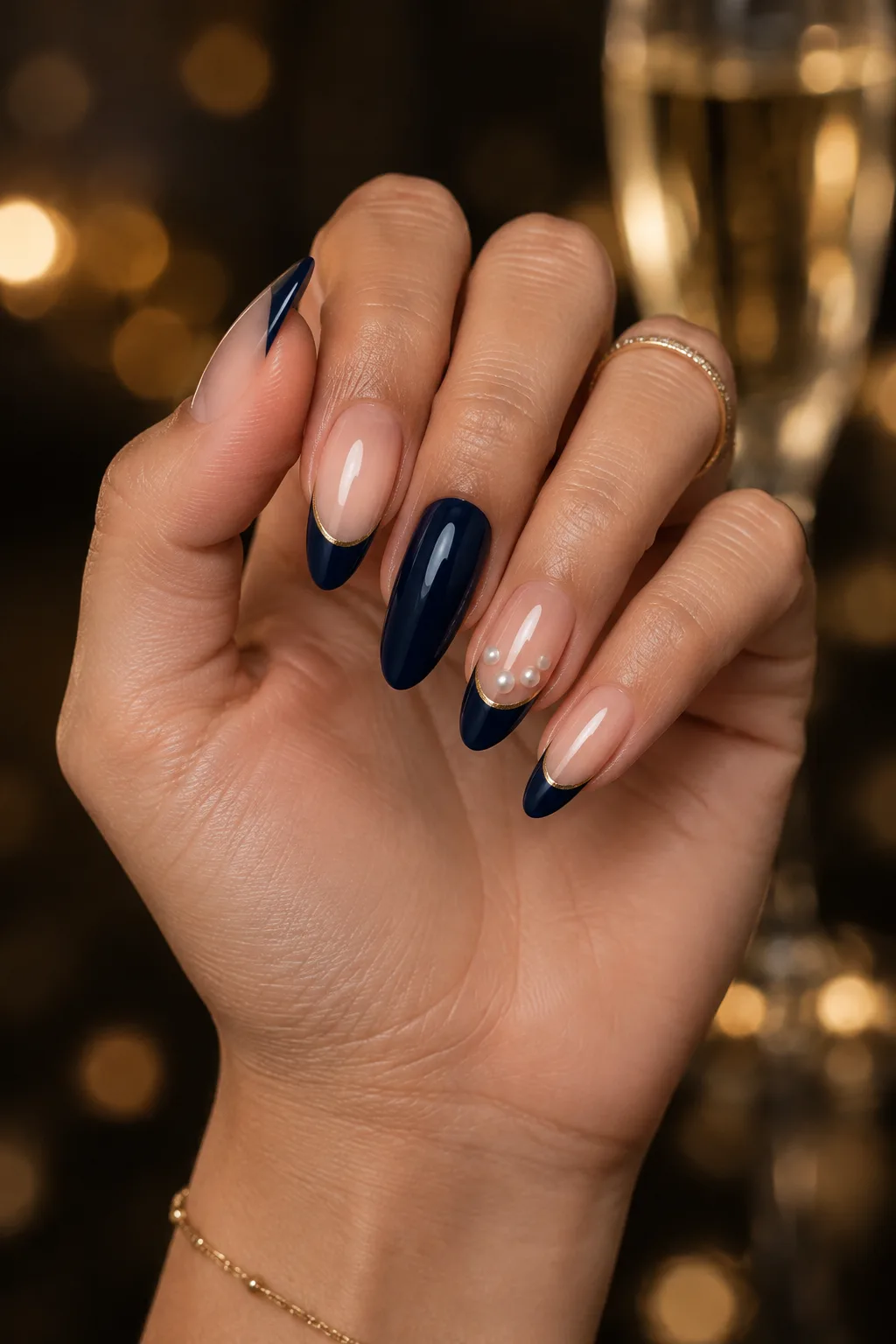 Navy and gold French tip nails with tiny pearls, a winter navy blue nail design