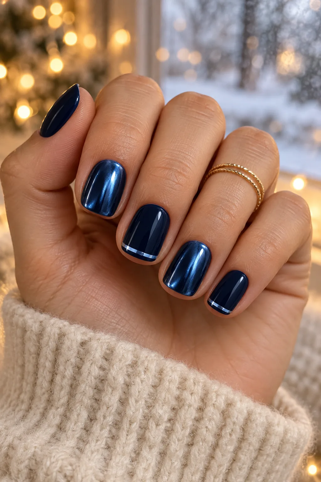 Navy mirror chrome nails on short square shape for winter