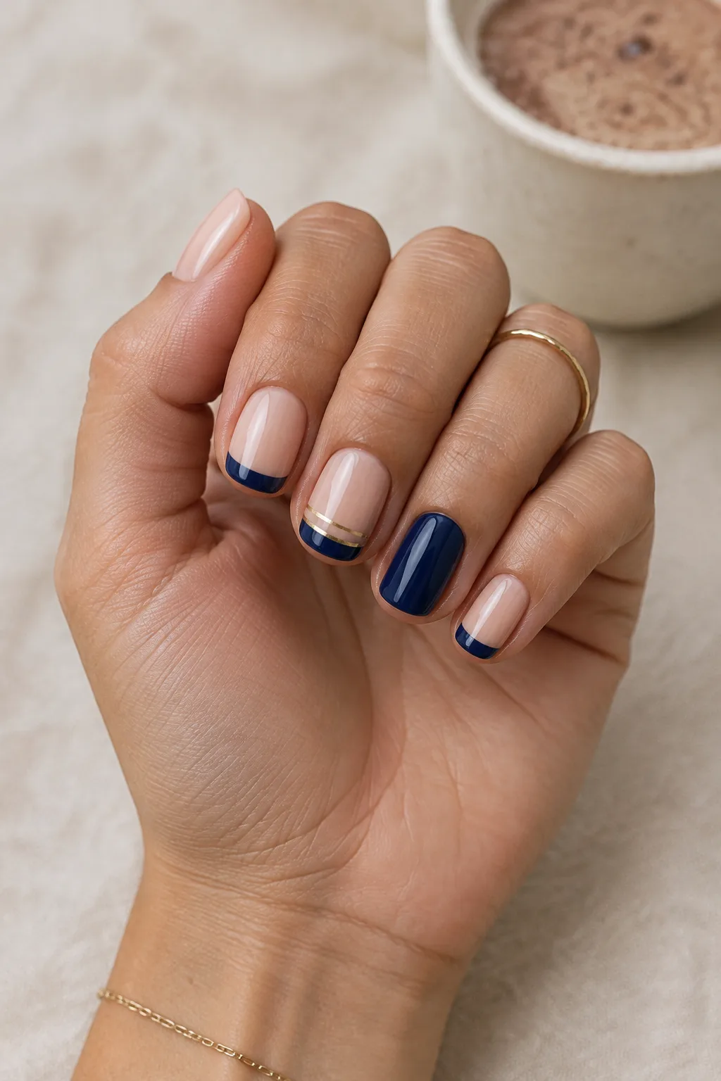 Short squoval nails with navy micro French tips, a simple winter navy design