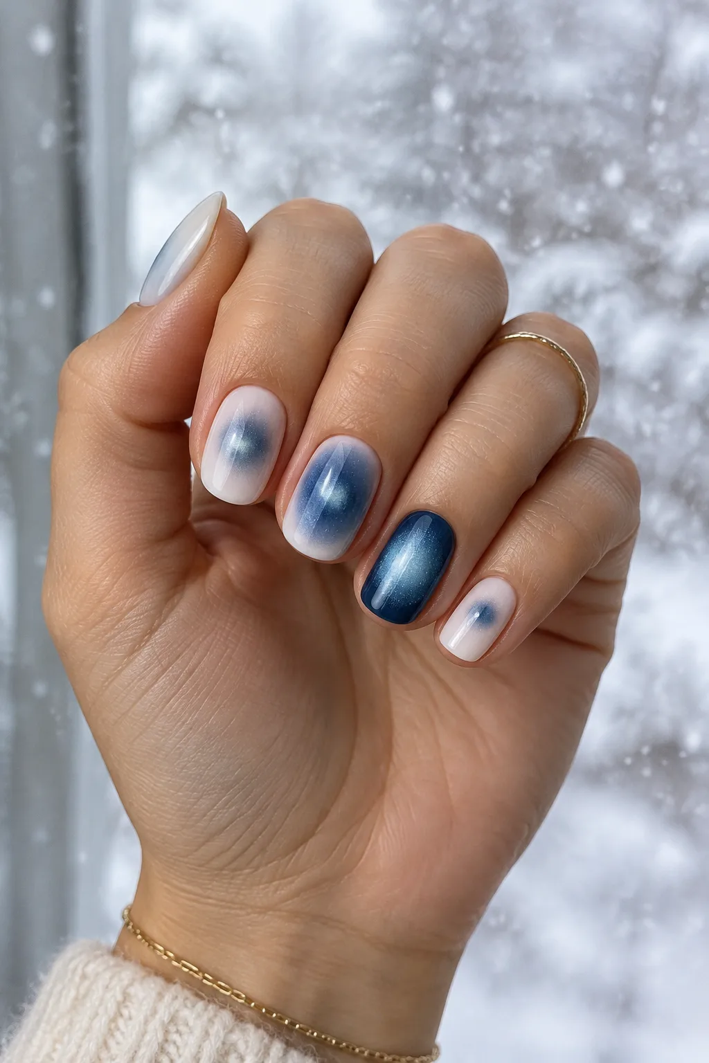Milky nails with a soft navy aura glow and silver chrome dust for winter