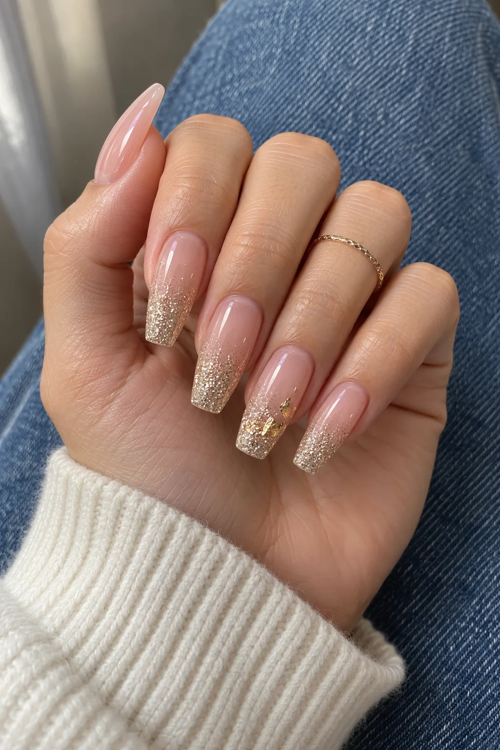 Champagne glitter ombre New Year's Eve nails 2027 on long ballerina nails