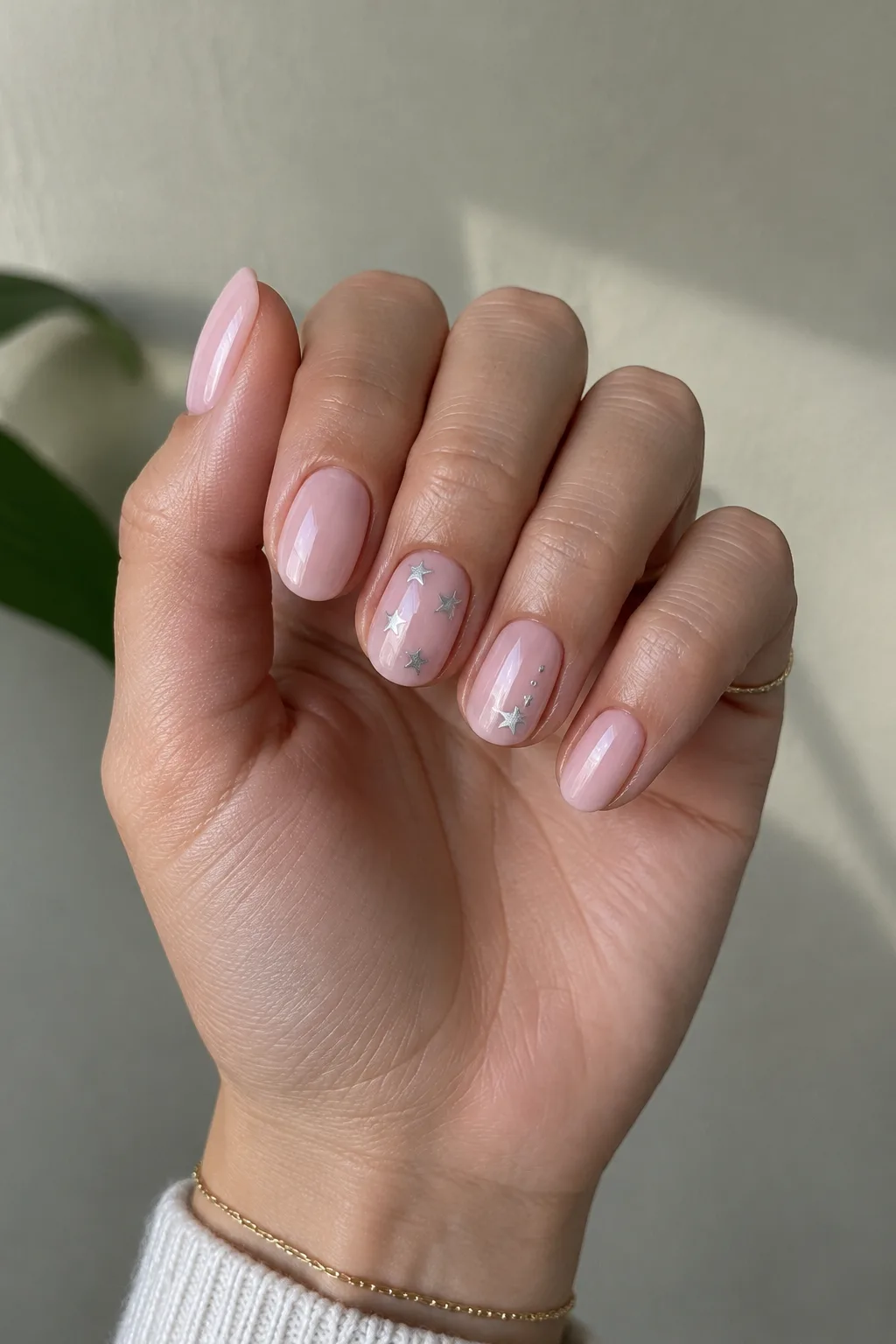 Milky pink New Year's Eve nails 2027 with tiny silver stars on short oval nails