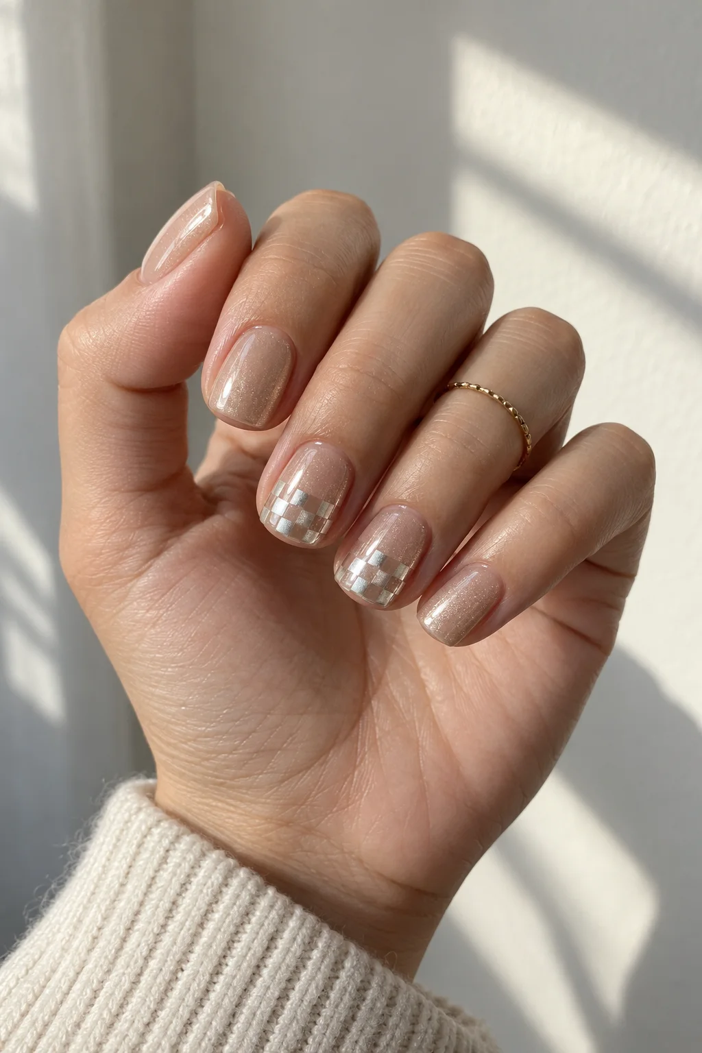 Silver checkerboard New Year's Eve nails 2027 on short square champagne nails