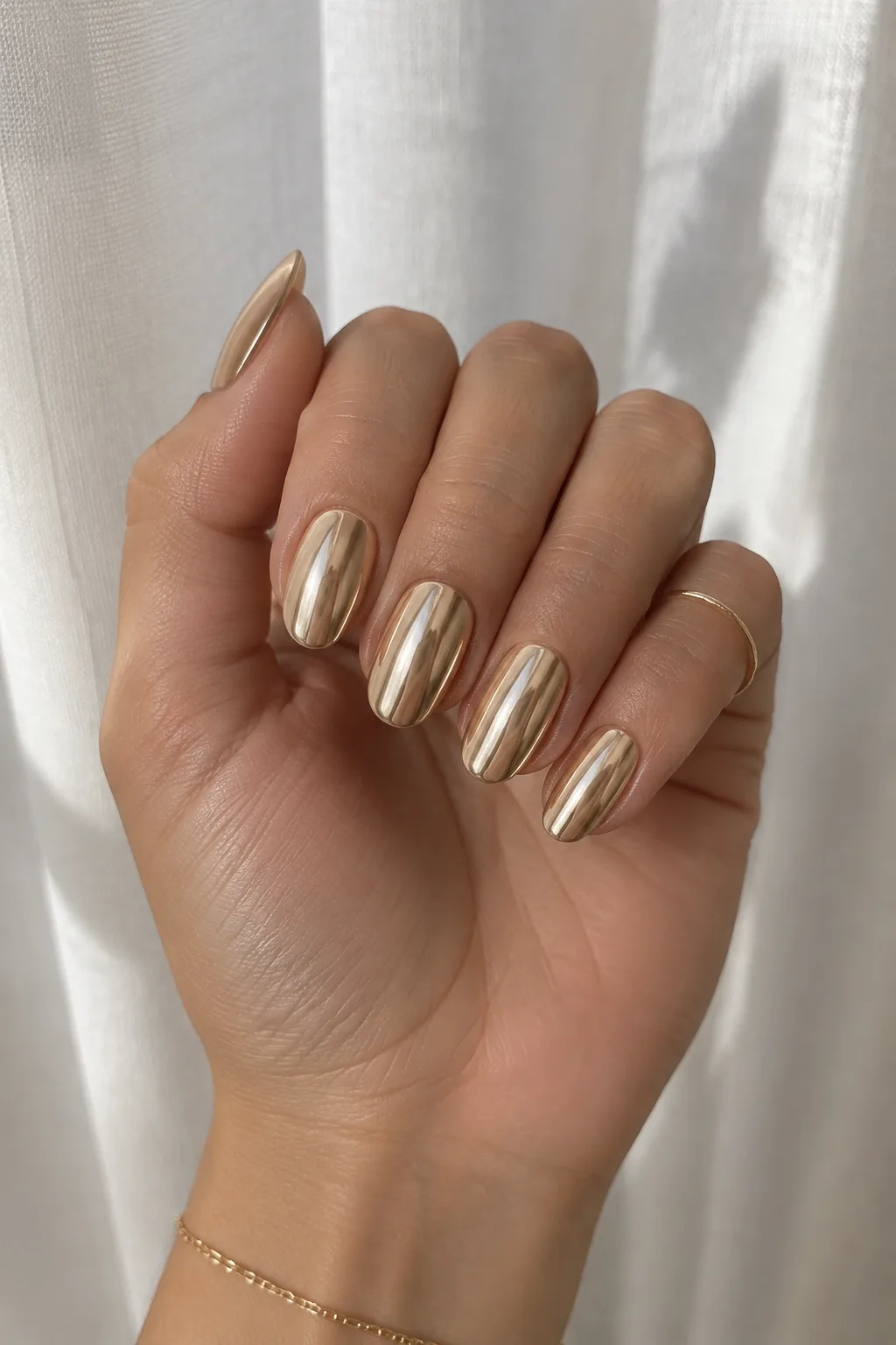 Champagne chrome New Year's Eve nails 2027 on medium oval shape
