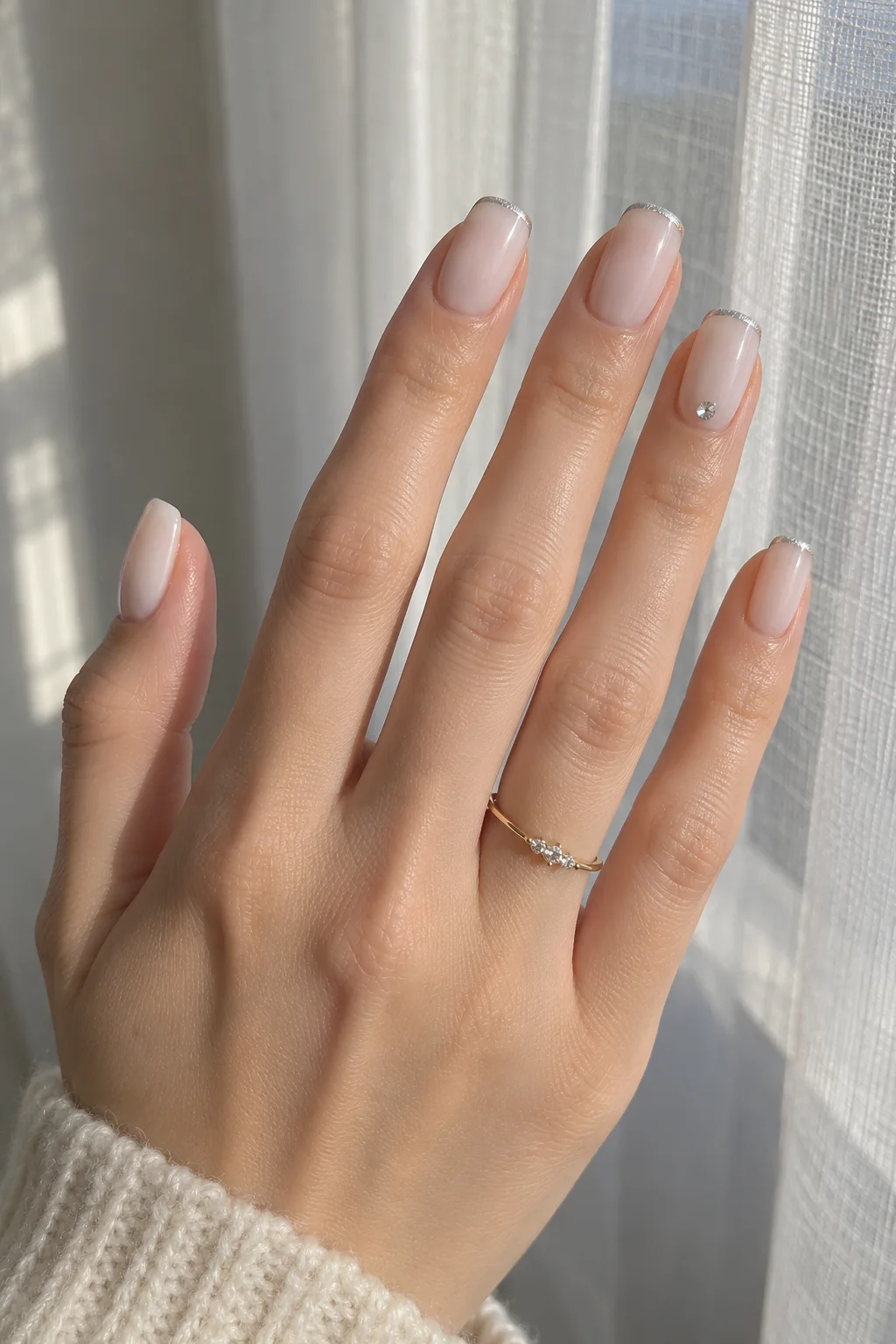 Silver micro French on milky white nails for New Year's Eve