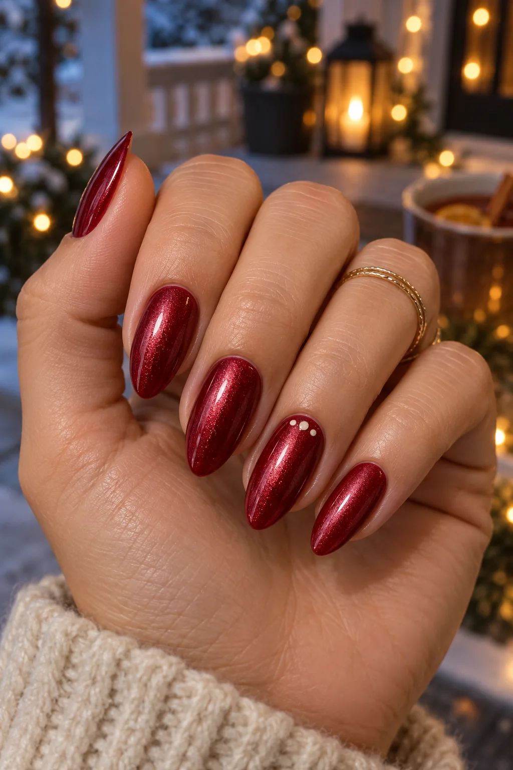 Cranberry pearl almond nails, a November nail idea in almond shape