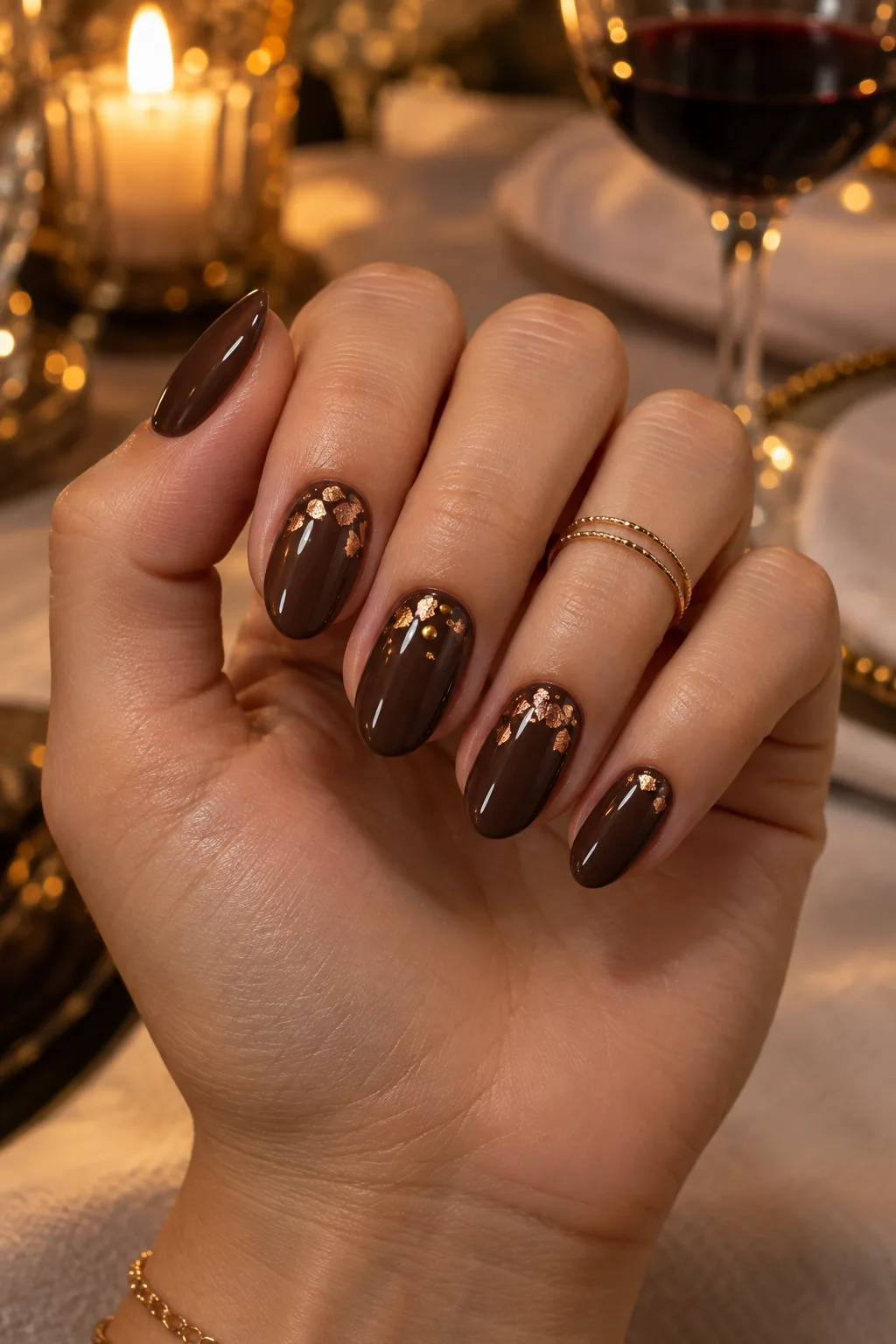 November nail ideas almond shape: mocha nails with copper foil flecks near cuticle