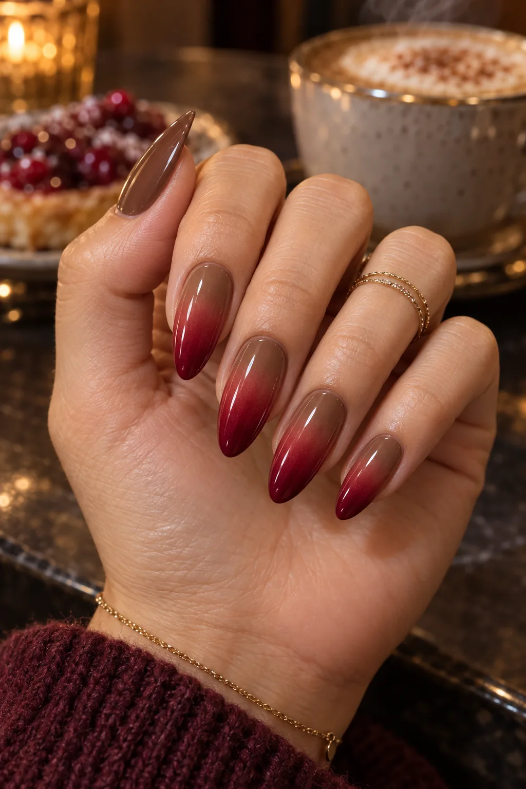 Mocha to cranberry ombre on long almond nails for November