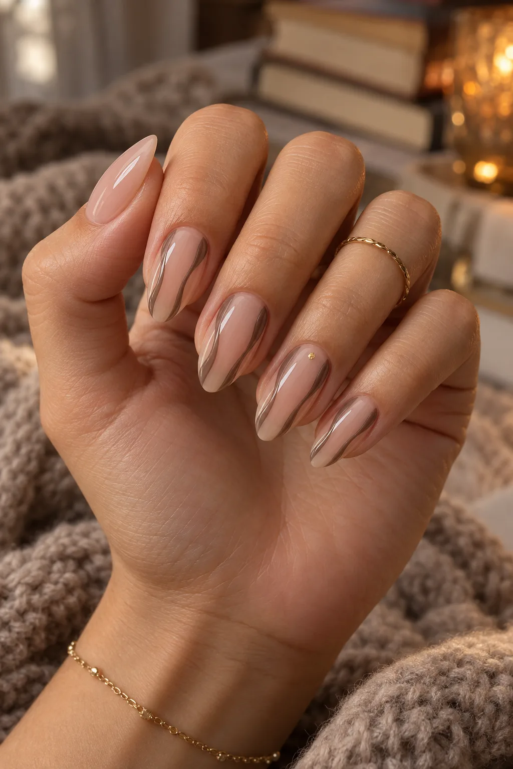 Negative space almond nails with smoky taupe arcs for November