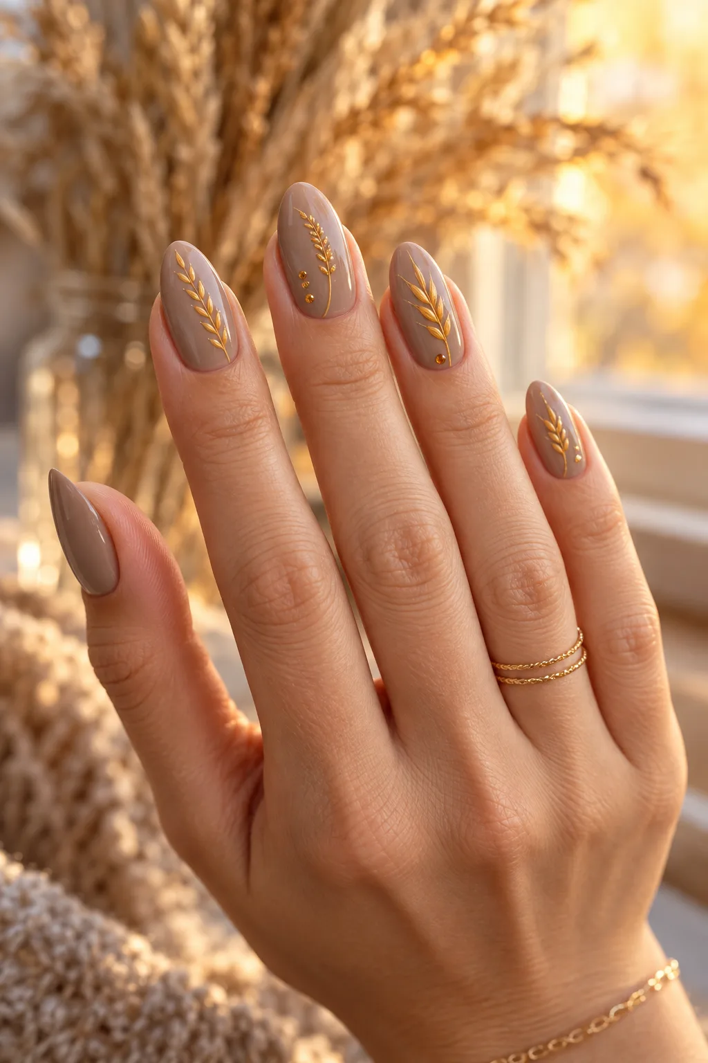 November nail ideas almond shape: fine line wheat sprigs on taupe nails