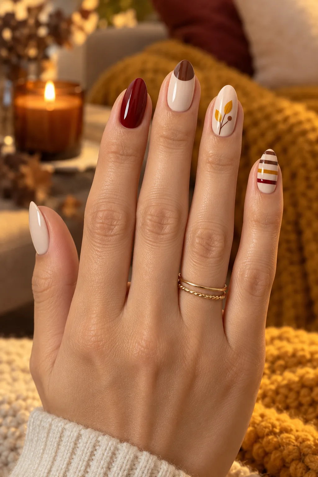Mix and match November almond nails in cranberry, mocha and mustard