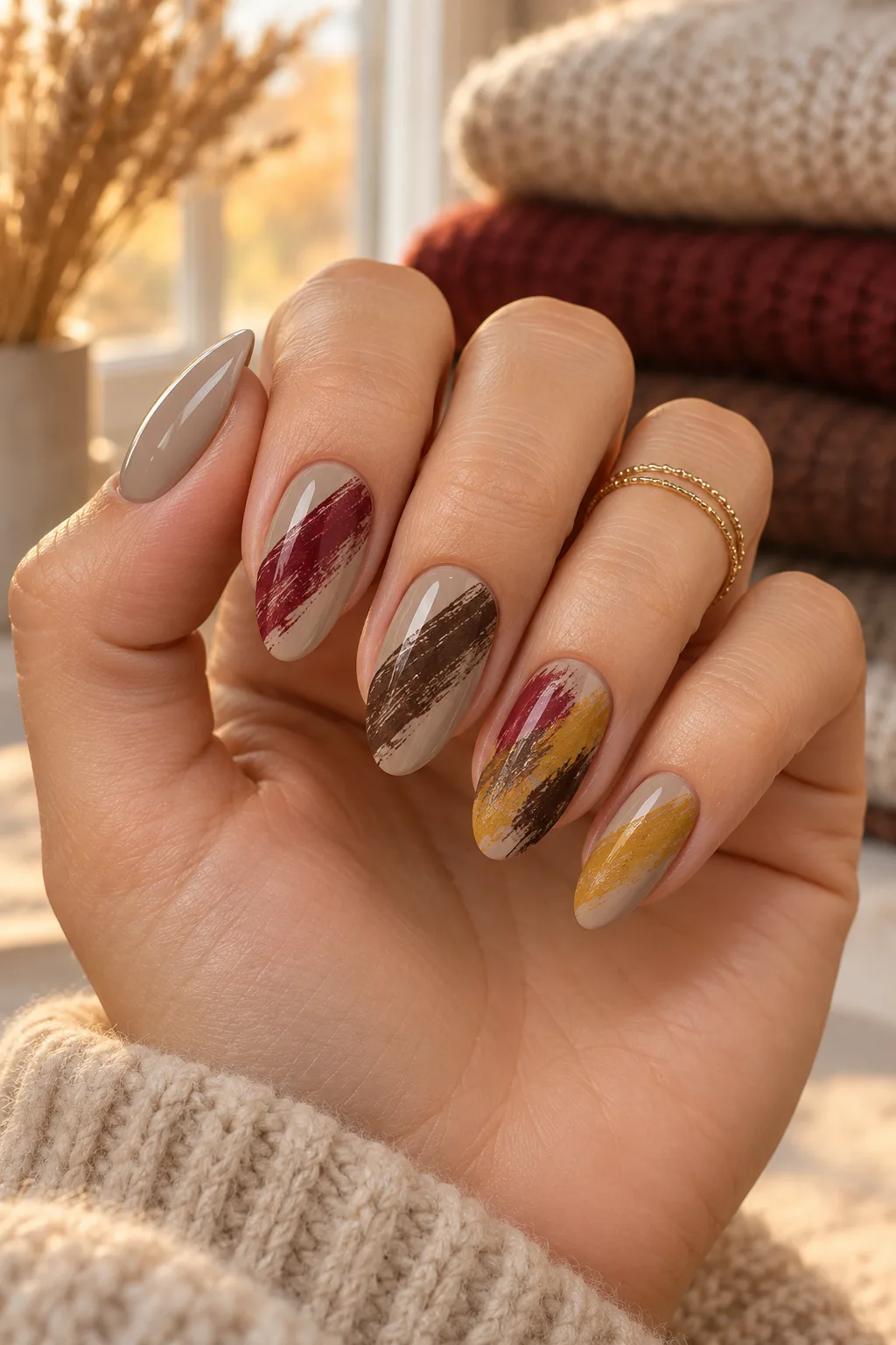 Abstract dry brush almond nails in cranberry and mustard for November