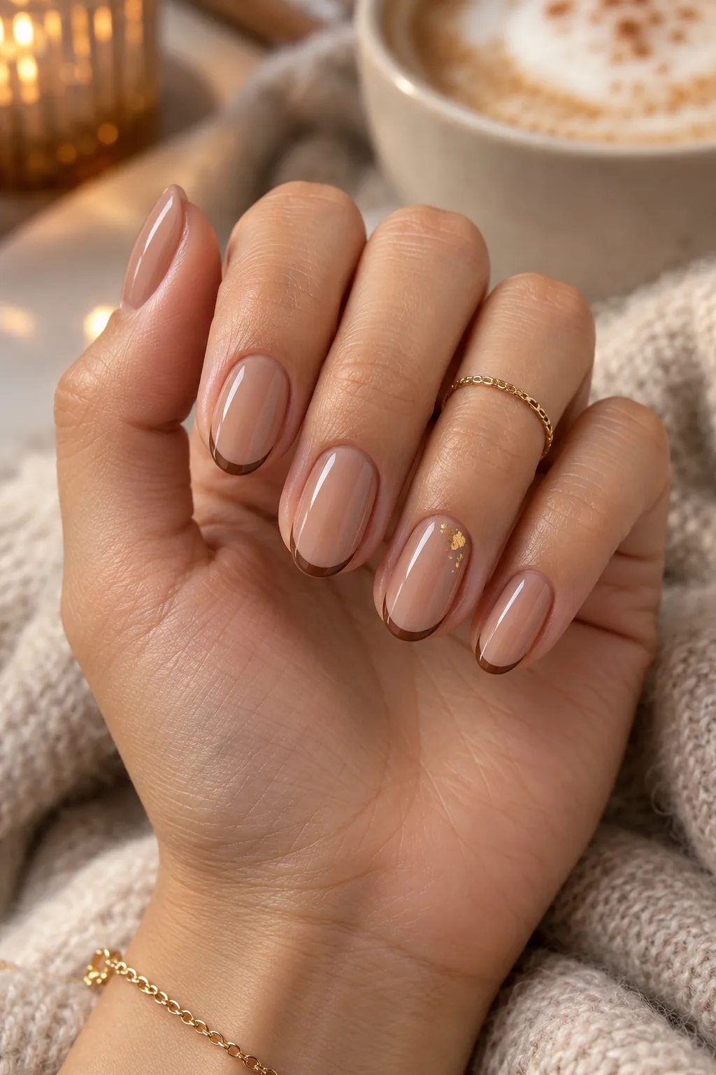 November nail ideas almond shape with mocha micro French tips