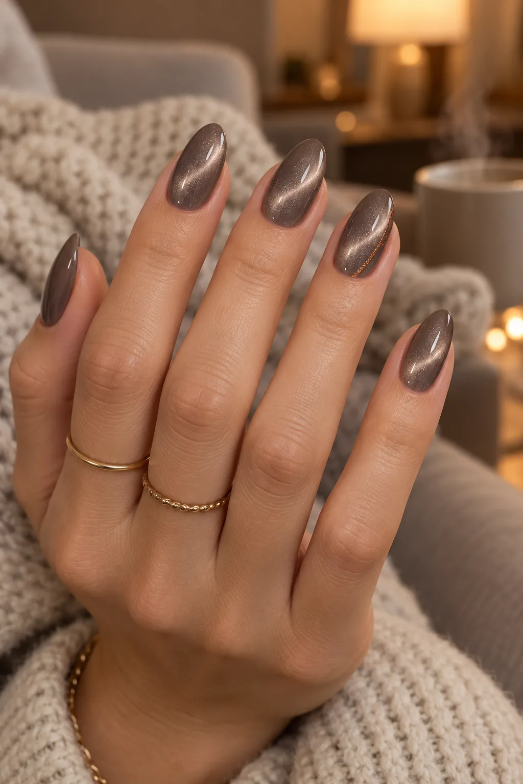 November nail ideas almond shape: smoky taupe velvet cat-eye manicure