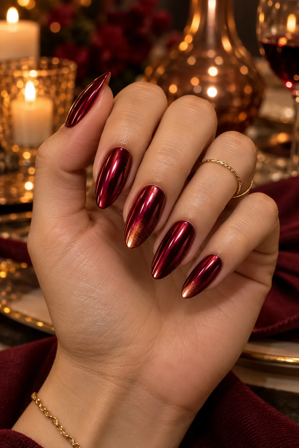 November nail ideas almond shape: cranberry mirror chrome manicure