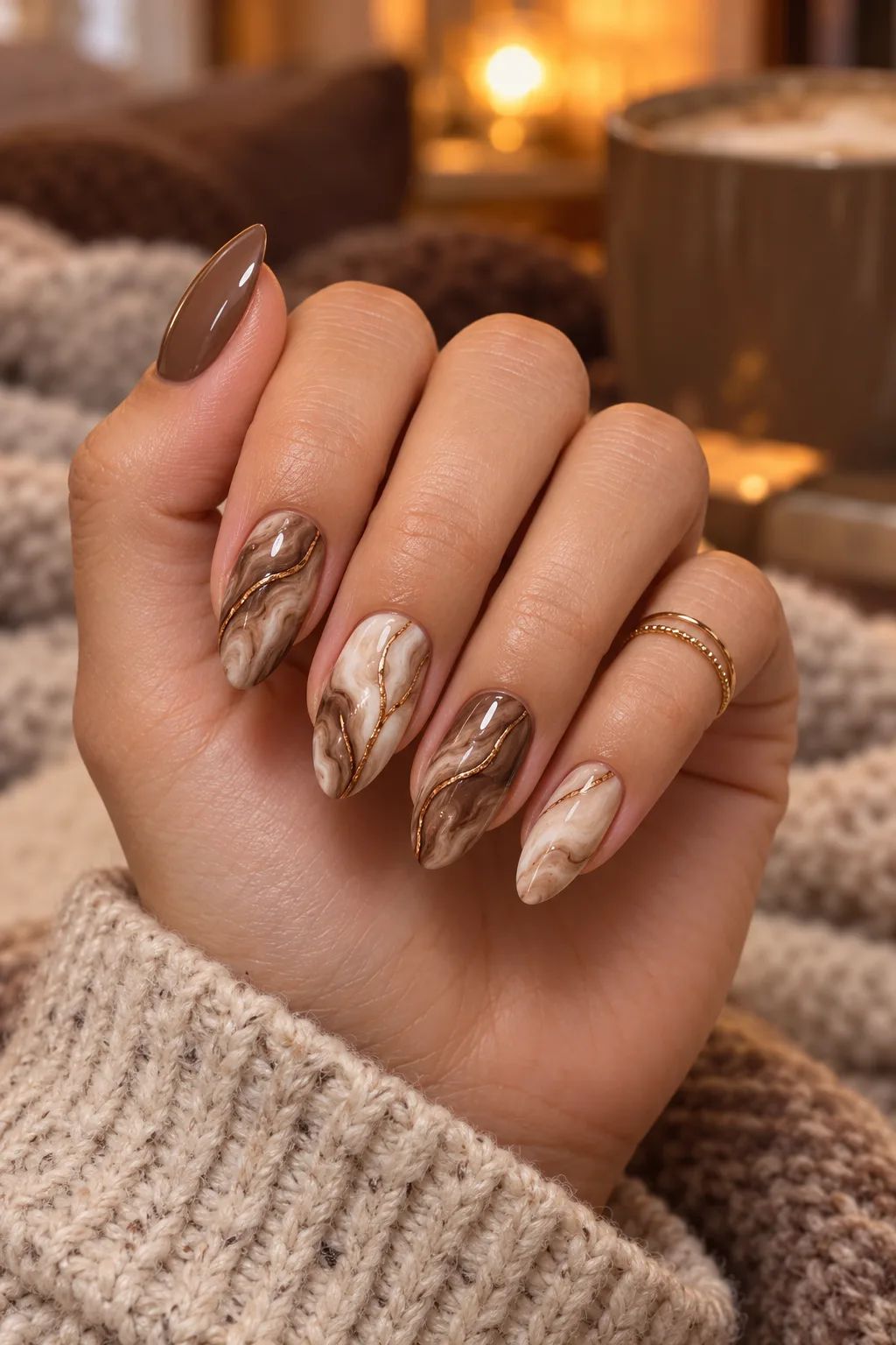 Mocha and cream marble almond nails for November