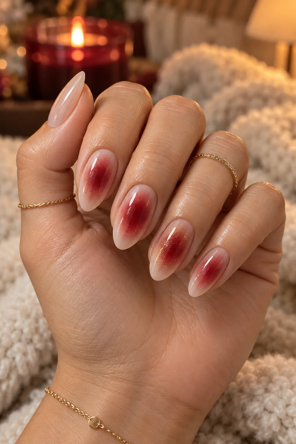 November nail ideas almond shape: cranberry aura glow on milky nude nails