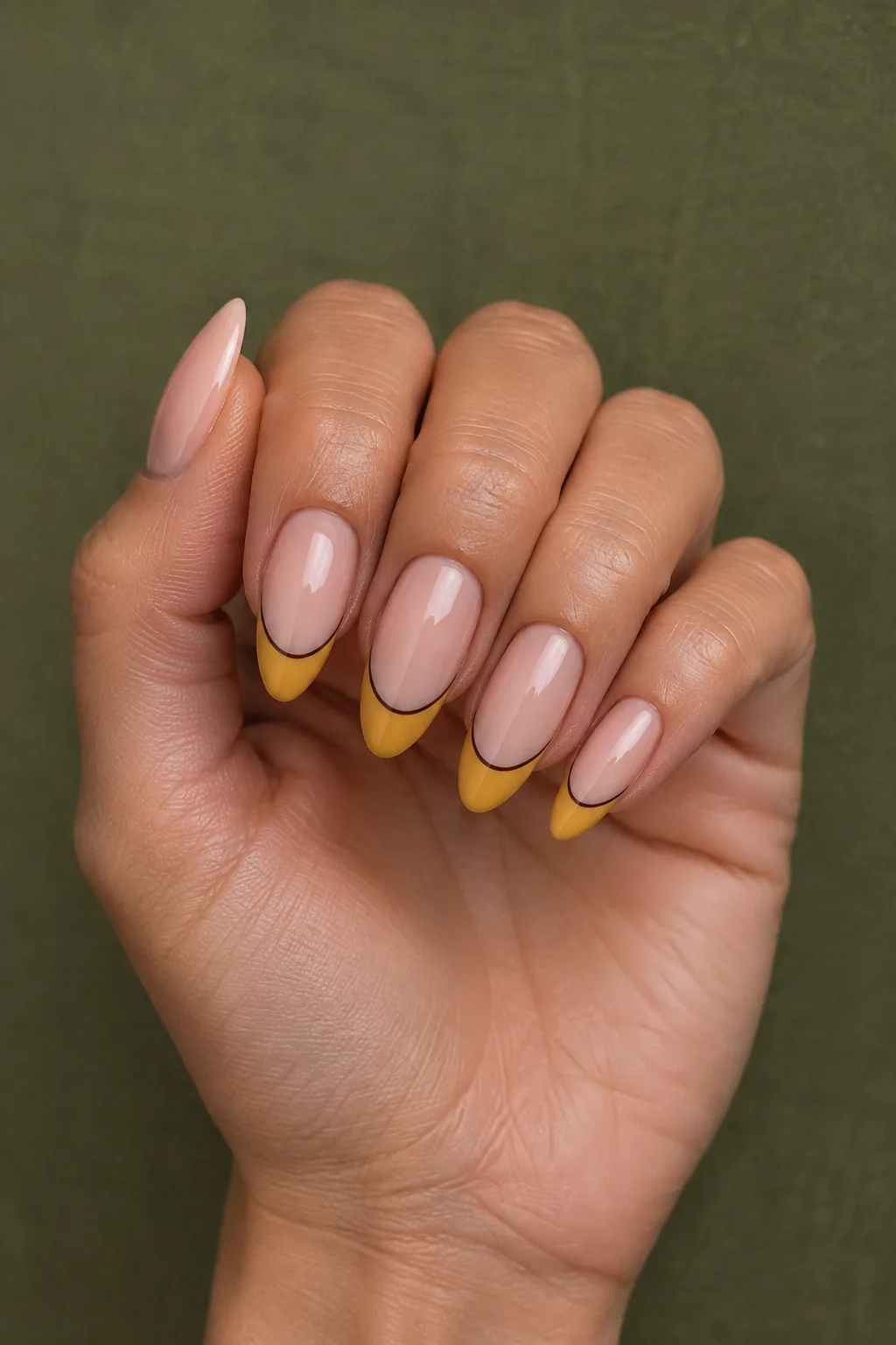 Mustard French tips with espresso outline on almond nails, November