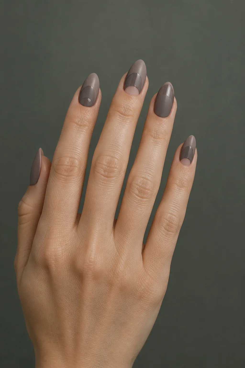 Matte smoky taupe almond nails with glossy half-moon for November