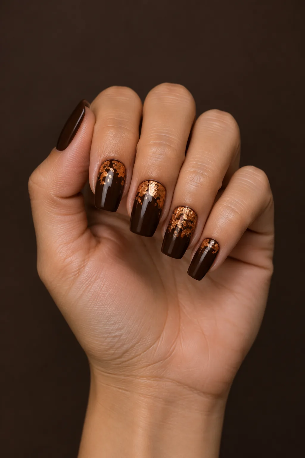 Espresso brown coffin nails with copper foil flakes for October 2026