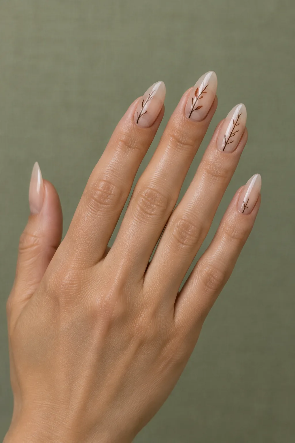 Negative space nails with painted bare branches, October nails ideas 2026