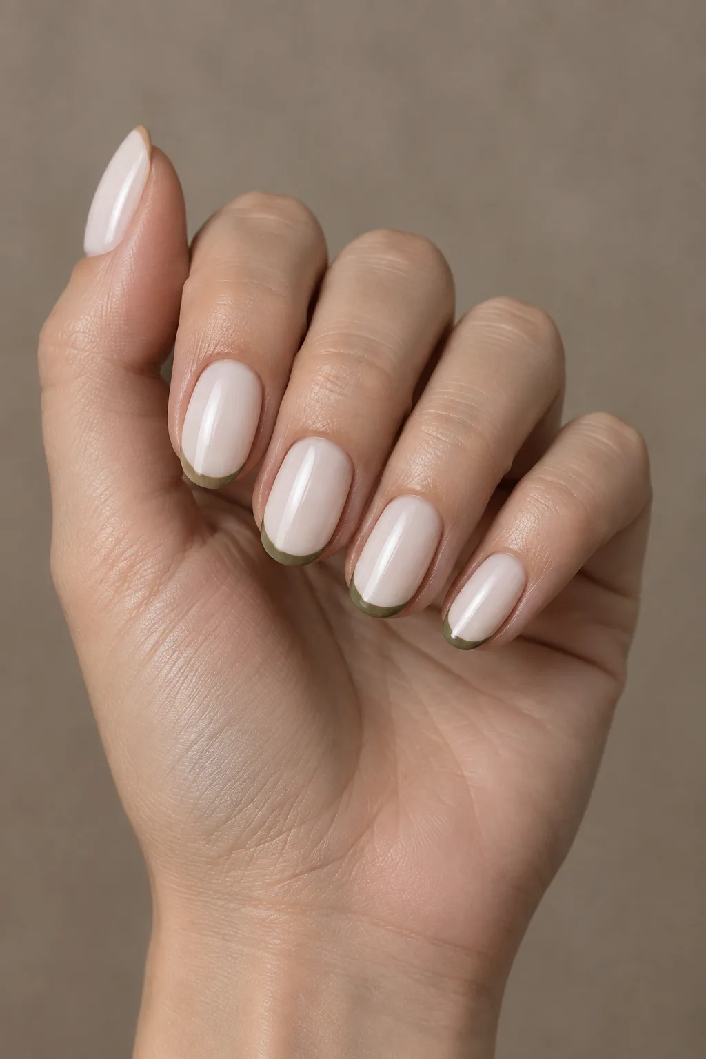 Short oval nails with olive micro French tips for October 2026