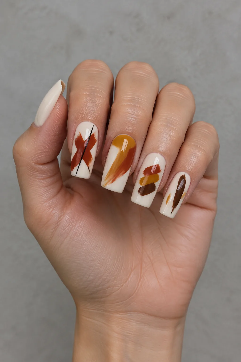 Cream long square nails with rust abstract brushstrokes for October 2026