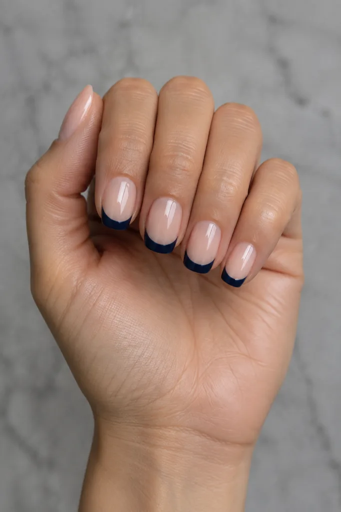 Short squoval nails with deep navy French tips for October 2026