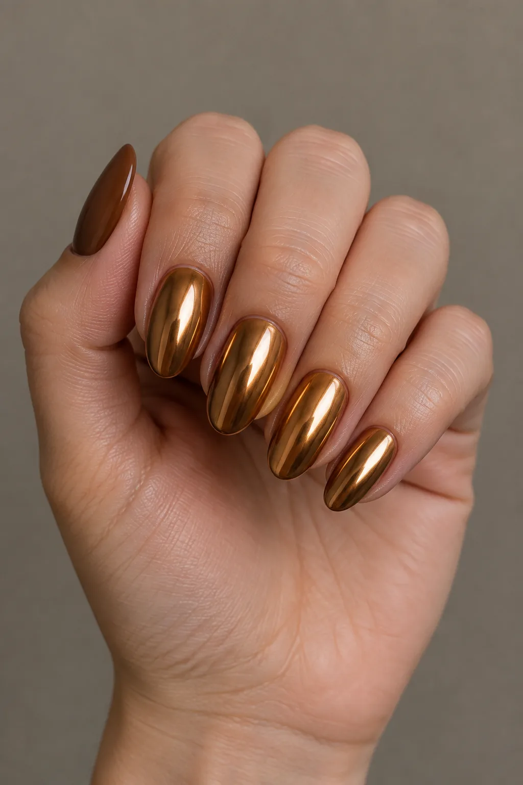 Amber mirror chrome oval nails, warm October nails ideas 2026
