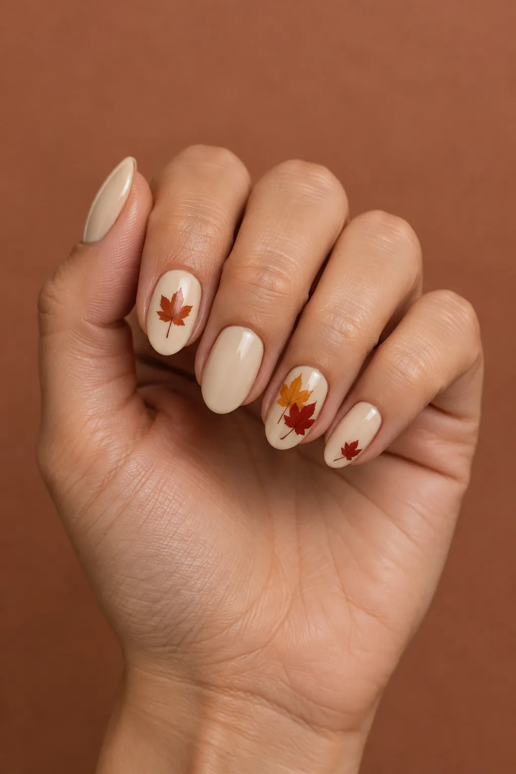 Oat cream nails with painted maple leaf accents for October 2026