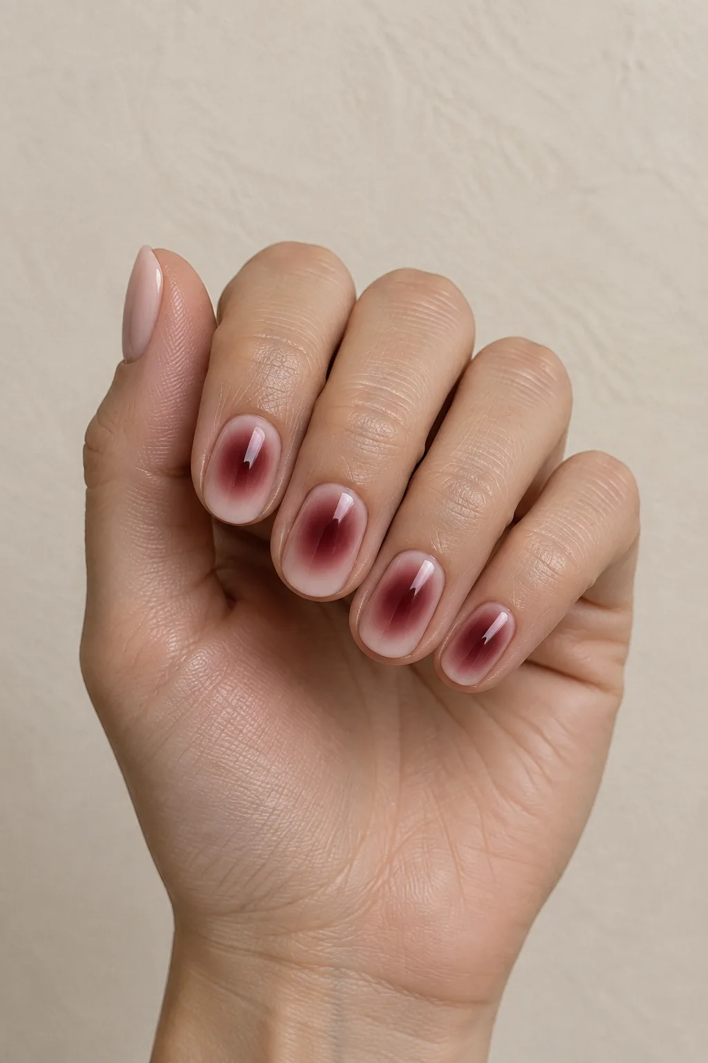 Mulled wine aura nails on short round shape, October nails ideas 2026