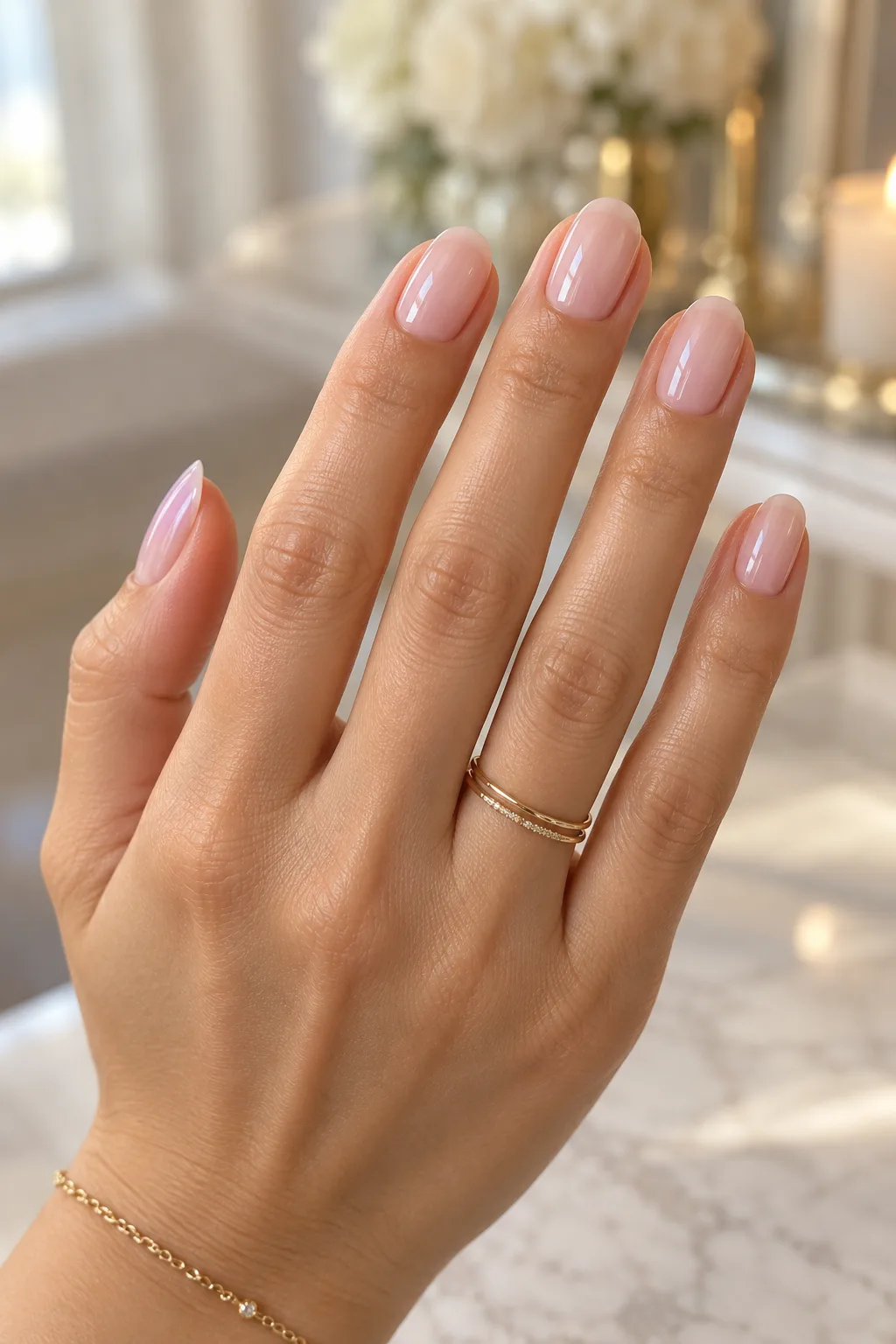 Oval nails for short nail beds in sheer milky pink gloss