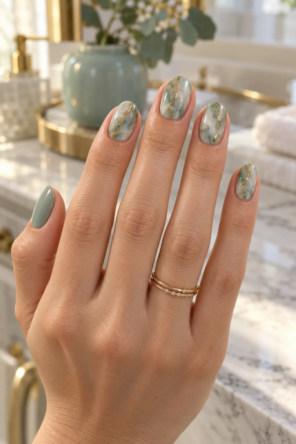 Oval nails for short nail beds in celadon marble with a thin gold vein