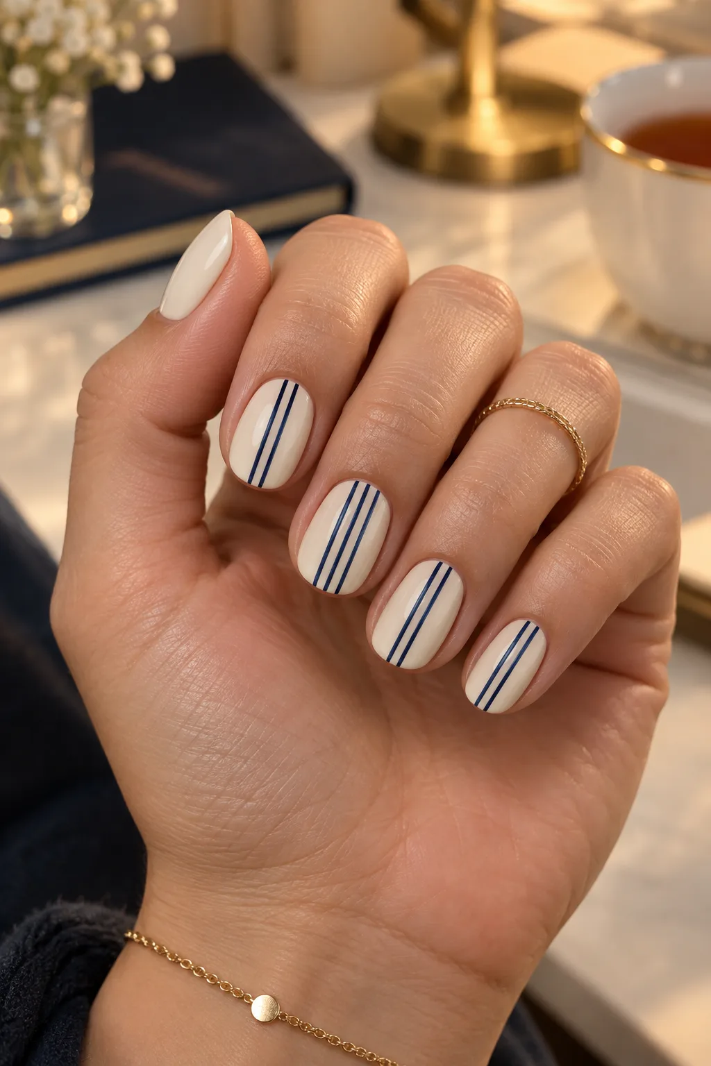 Navy pinstripe oval nails for short nail beds on a cream base