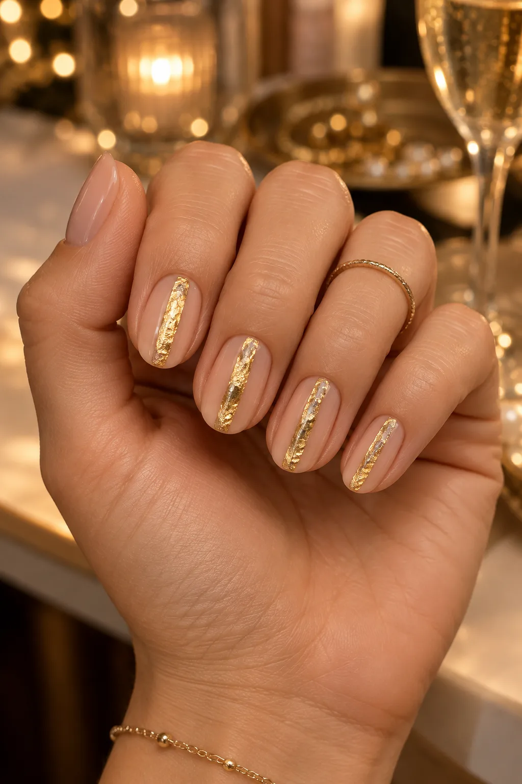 Gold foil sliver oval nails for short nail beds on rosy taupe