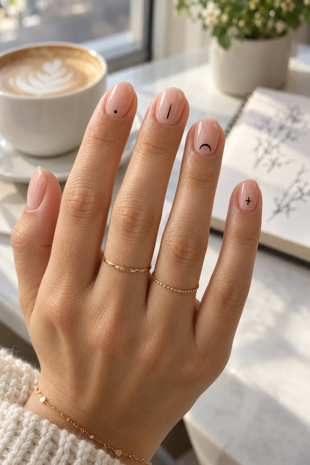 Oval nails for short nail beds with tiny black dot, line, crescent and cross marks