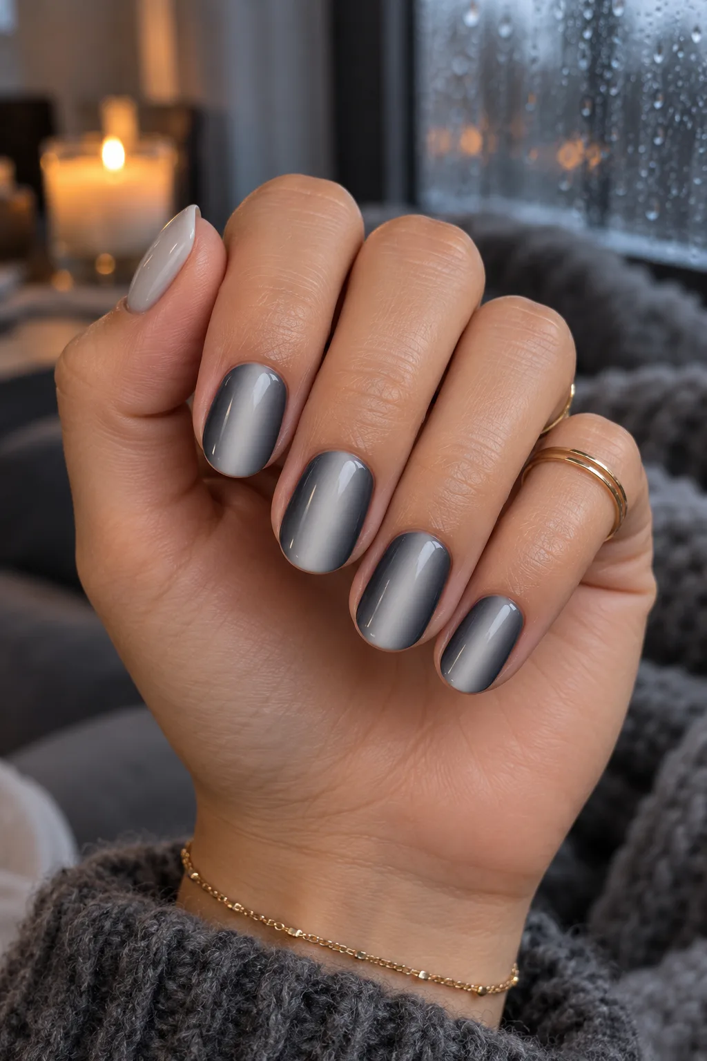 Smoke side fade oval nails for short nail beds in grey and silver