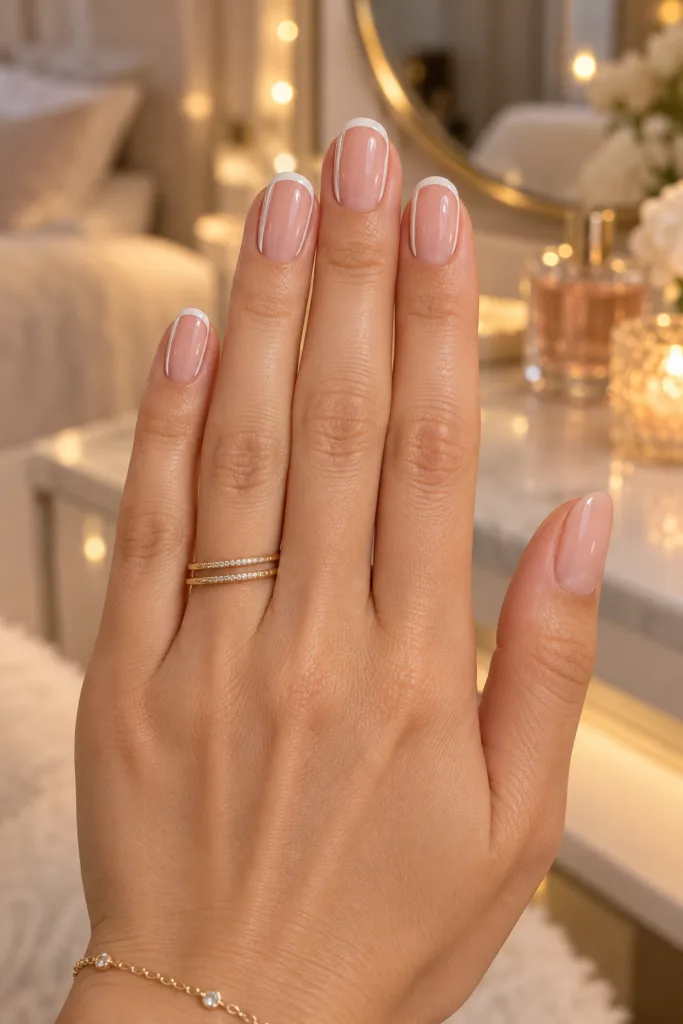 Skinny vertical French oval nails for short nail beds in white on nude