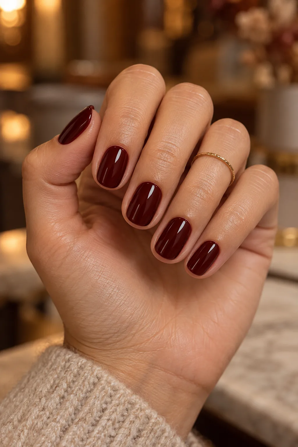 Glossy cherry cola oval nails for short nail beds with tidy cuticle lines