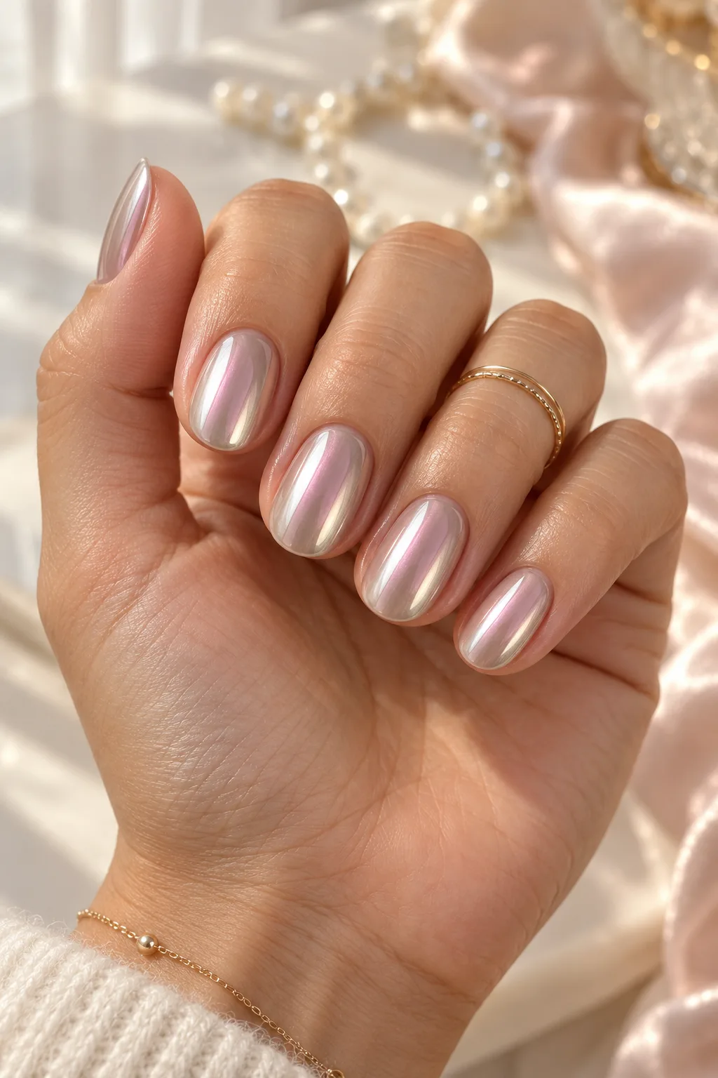 Oyster pearl chrome oval nails for short nail beds with soft mirror shine