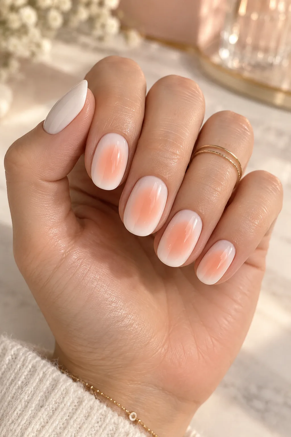 Oval nails for short nail beds with a tall peach aura down the center