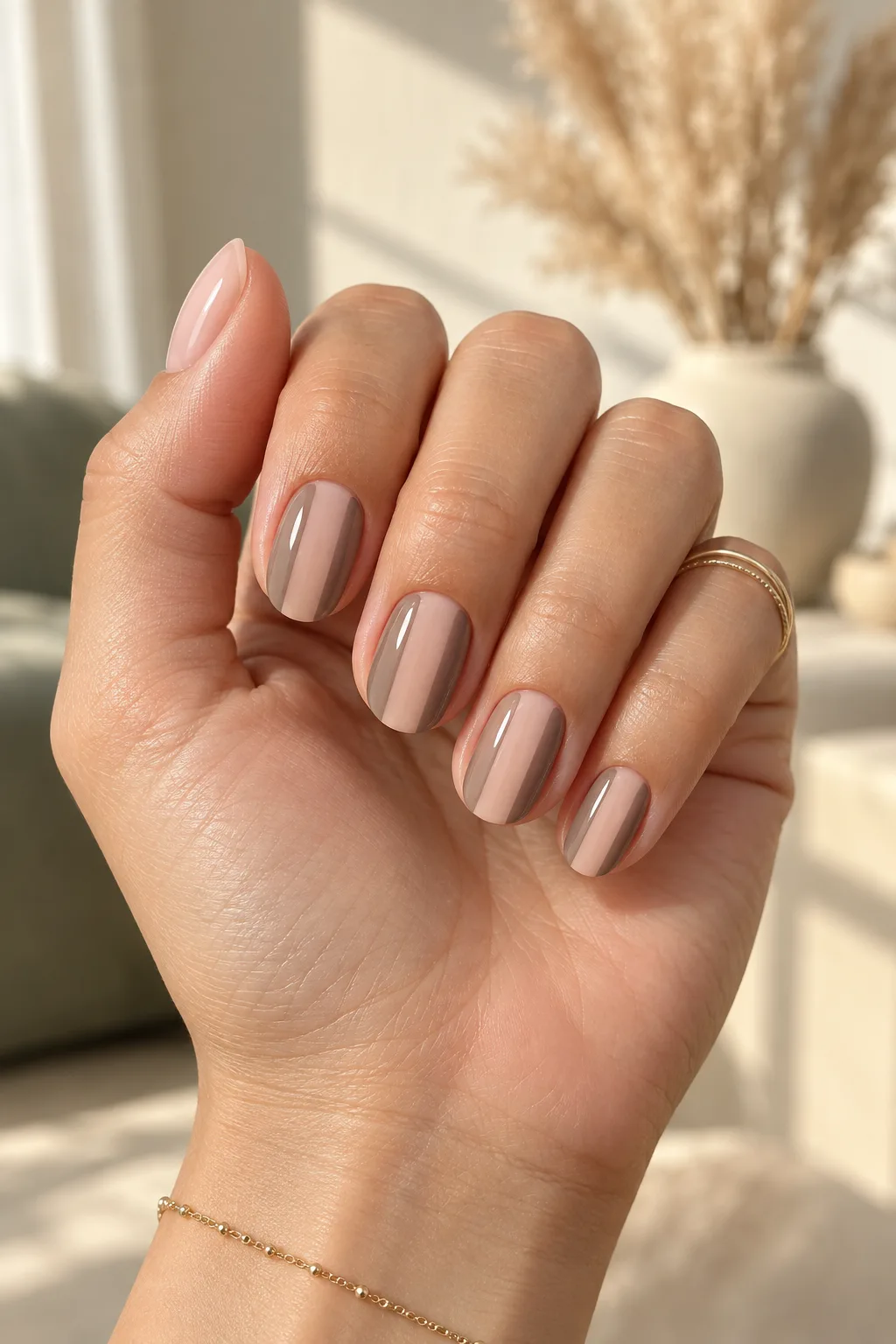 Negative space oval nails for short nail beds with taupe sidewall stripes