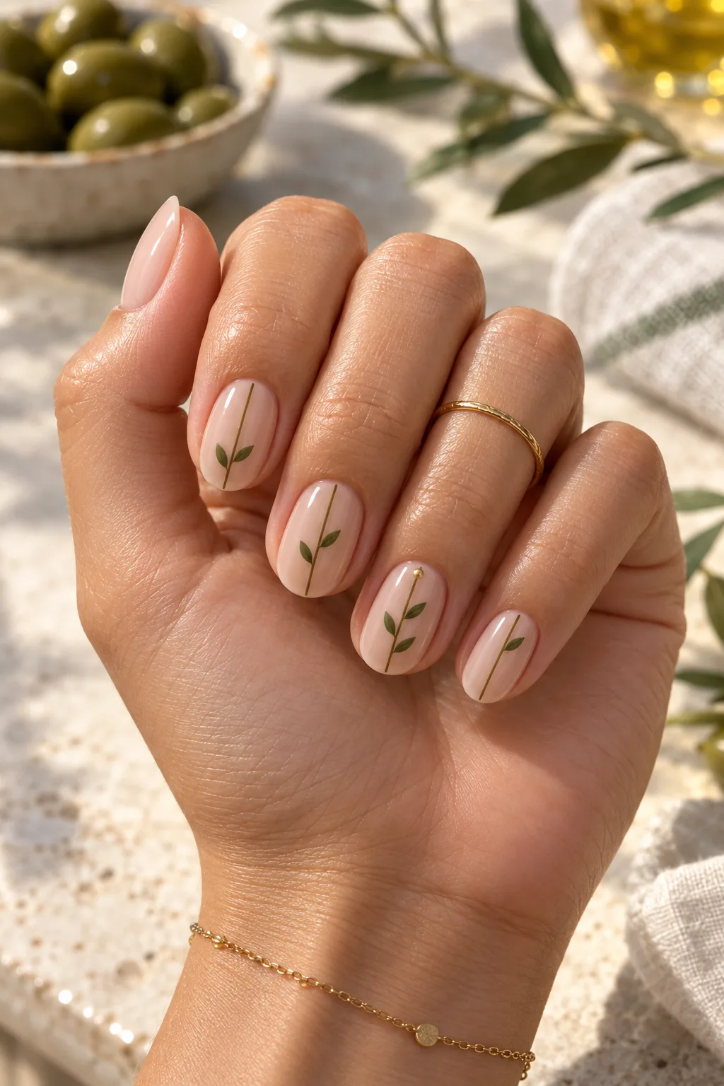 Olive fine-line stem oval nails for short nail beds on cream
