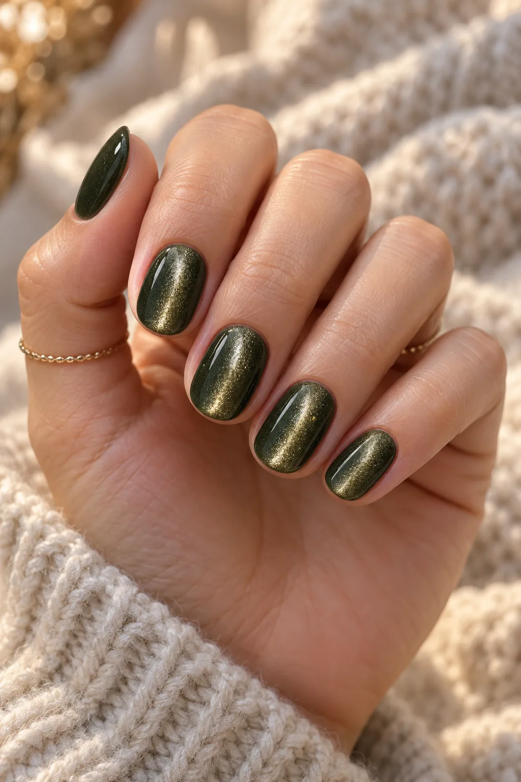 Moss green cat-eye oval nails for short nail beds with a lengthwise light band
