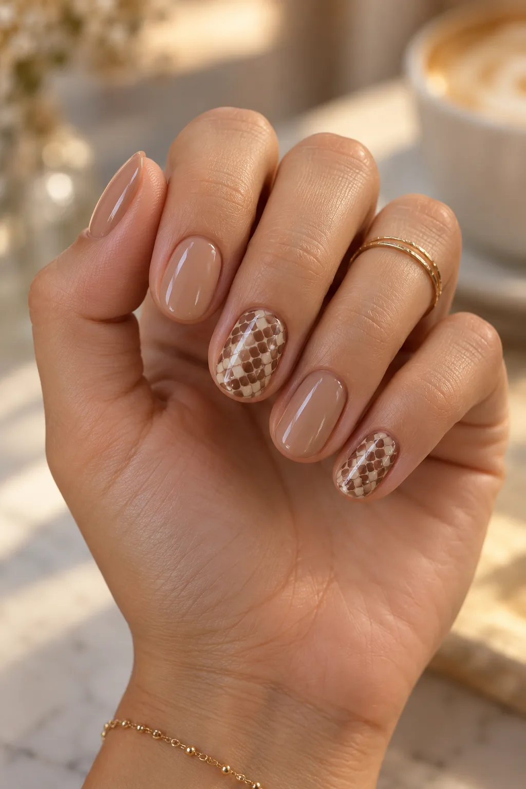 Micro snake print oval nails for short nail beds in cocoa and beige