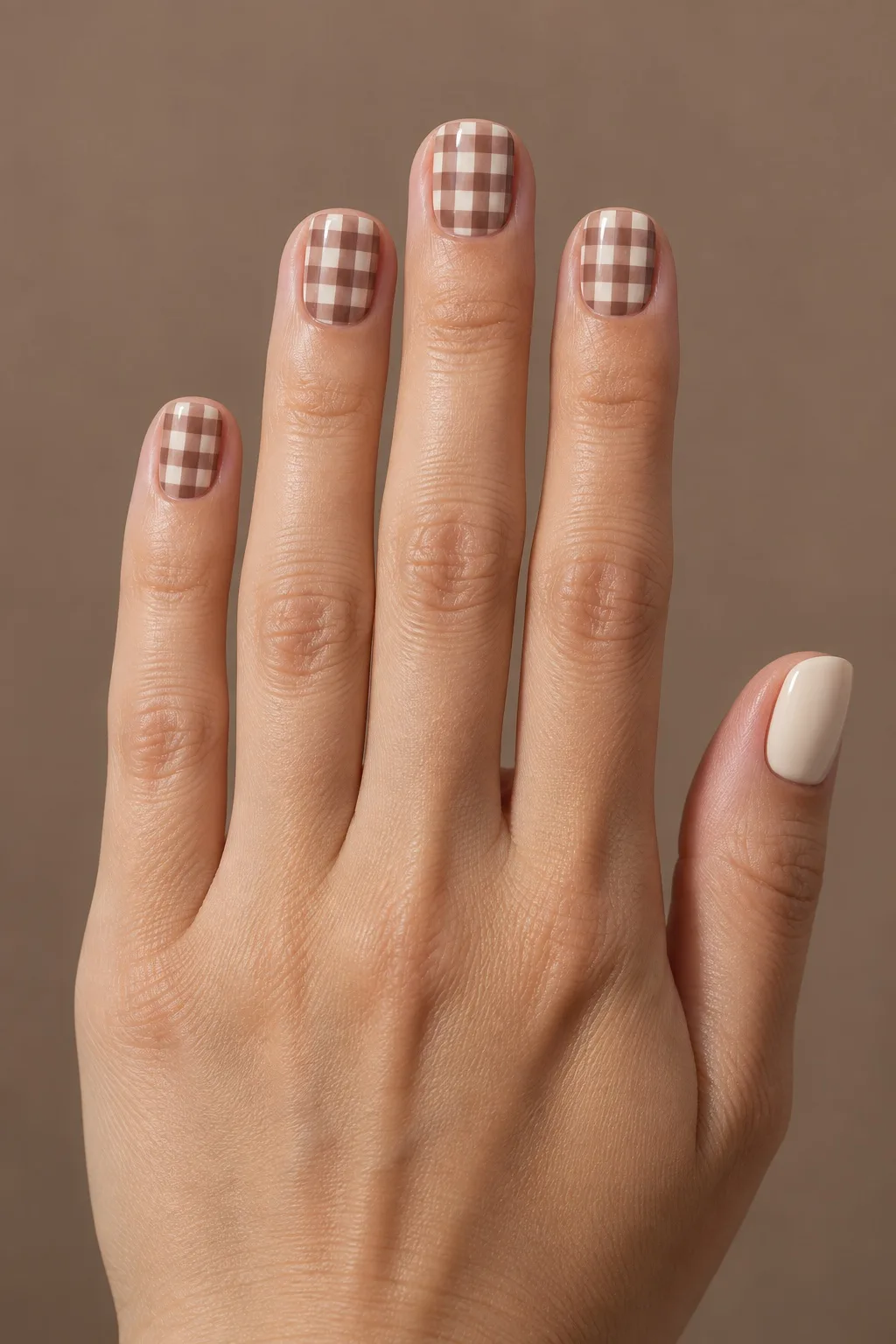 Cocoa Gingham Checks — plaid nails for fall
