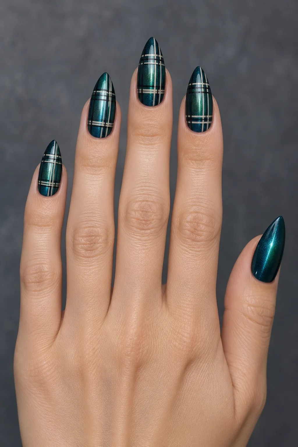 Cat-Eye Tartan in Teal — plaid nails for fall