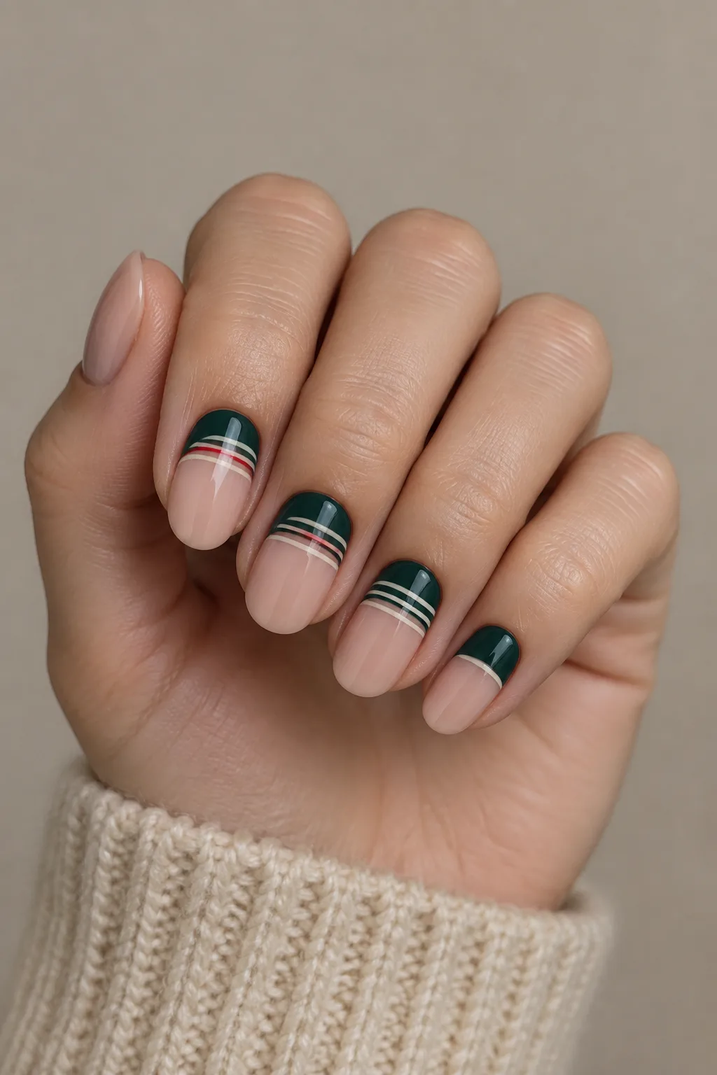 Half-moon plaid nails for fall in green and cream on medium round nails